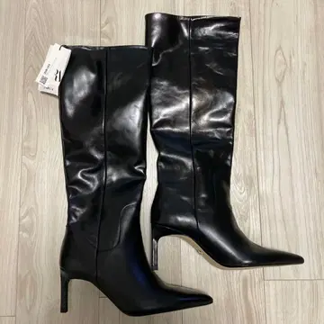 ZARA 블랙 가죽 롱 부츠 하이힐
