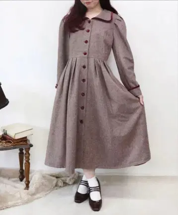 어나더 안젤라스 파이핑 트위드 원피스 코트 레드 보르도