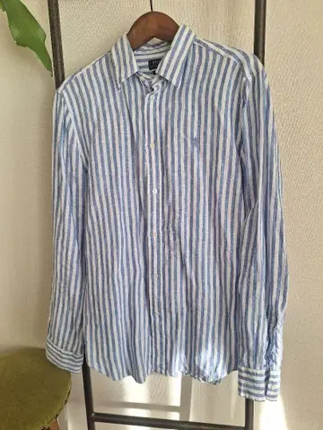 랄프 로렌 린넨 굵은 스트라이프 블루 셔츠 M