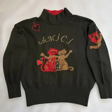 고양이 하트 자수 울 터틀넥 니트 스웨터 그린