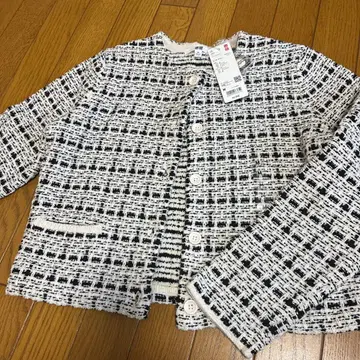 유니클로 노카라 트위드 자켓 화이트/블랙