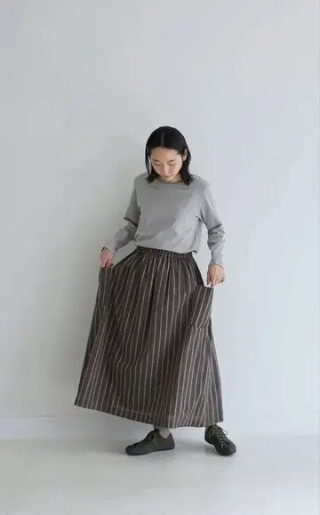 아틀리에 나루세 코튼 린넨 개더 스커트 새상품 스트라이프