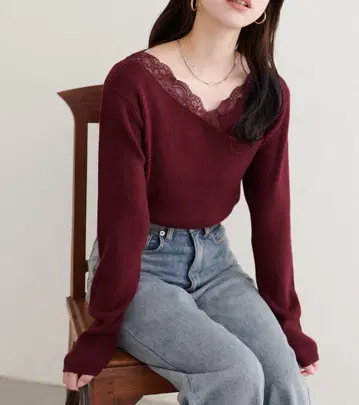 [ 미사용 새상품 ] 내추럴 꾸뛰르 아지메 레이스 넥 리브 니트 풀오버