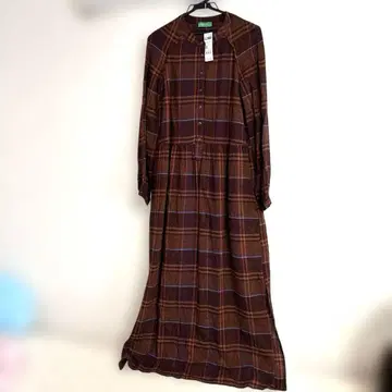 새상품 베네통 BENETTON 브라운 체크 무늬 롱 원피스 울 혼방