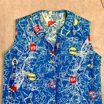 레어 70s USA제 올 패턴 지도 레이싱 슬리브리스 파랑 빈티지