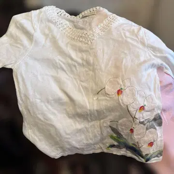 요리코 오리지널 꽃무늬 자수 반팔 상의 미사용 새상품