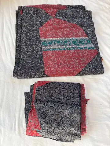 세탁 완료된 기모노 원단, 빨간색과 블랙 꽃무늬 기모노, 안감 부착