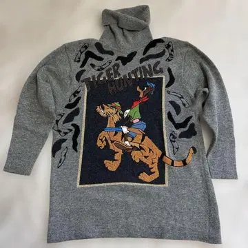 빈티지 캐릭터 자수 타이거 그레이 긴팔 니트 스웨터 터틀