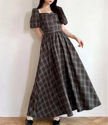 RESEXXY 벌룬 슬리브 체크 원피스 브라운