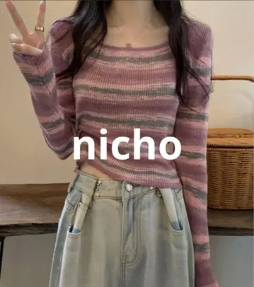 kirakiraShop U넥 믹스 컬러 보더 니트 상의