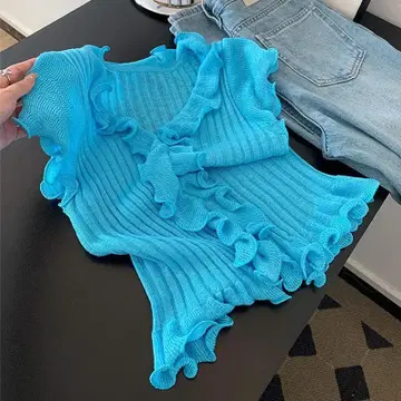 프릴 달린 리브 반팔 상의 파랑