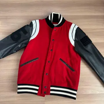 TOMMY 남성용 바시티 자켓 빨간색 x 블랙 울 가죽