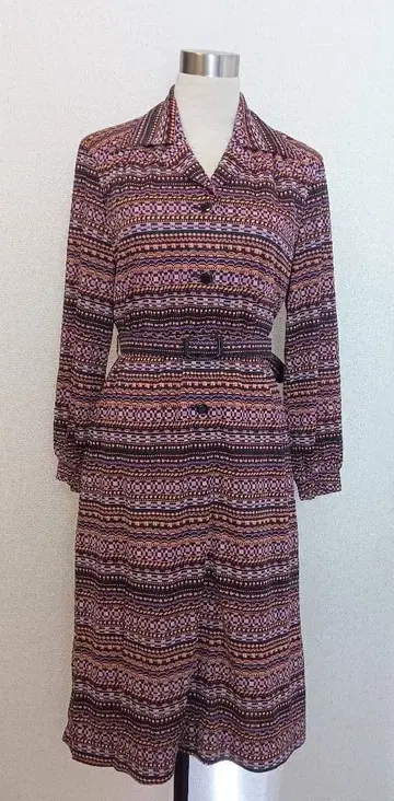 빈티지 쇼와 레트로 원피스 긴팔 기하학 패턴 구제 의류