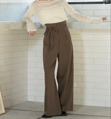 브라운 와이드 팬츠 리본 포함 hinari