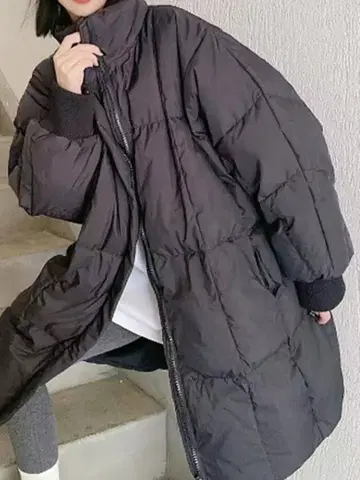 블랙 후드 부착 롱 다운 자켓