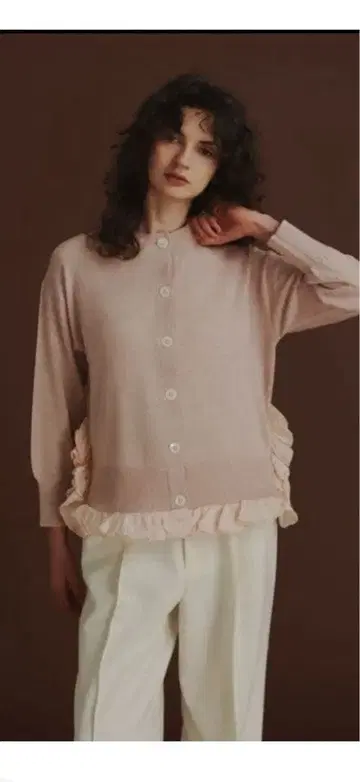 ohga 프릴 달린 핑크 니트 가디건