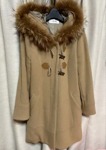 베이지 더플 코트 퍼 후드