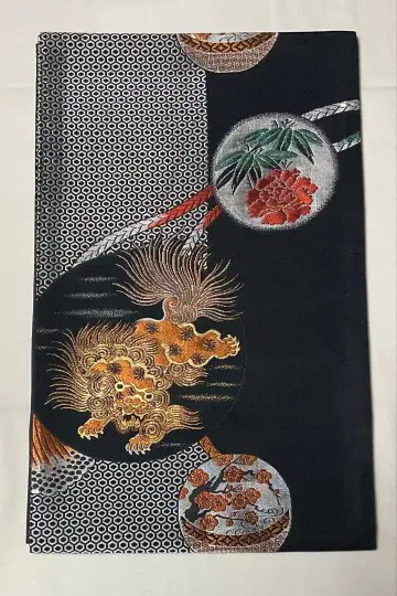 오시마오리 별도 디자인 후쿠로 오비 블랙 베이스 사자 꽃 무늬 1210