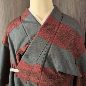 기모노 오시마 명주 파란색 빨간색 가로 줄무늬