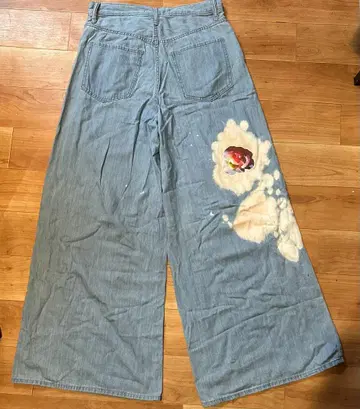 플라워 프린트 와이드 레그 데님 팬츠