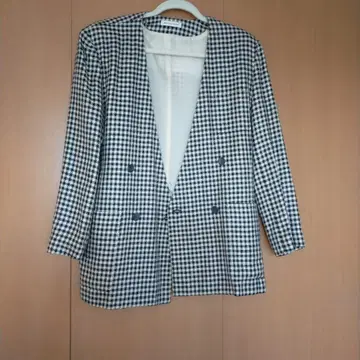 실크 100% 빈티지 노카라 체크 자켓 M