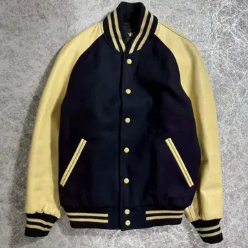 VAN JACKET 바시티 자켓 울 가죽 M 네이비 아이보리