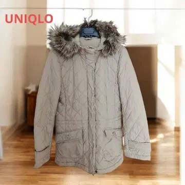 유니클로 베이지 퀼팅 자켓 퍼 후드 여성용