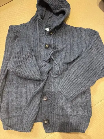 [ 새상품 ] 그레이 후드 부착 리브 니트 가디건