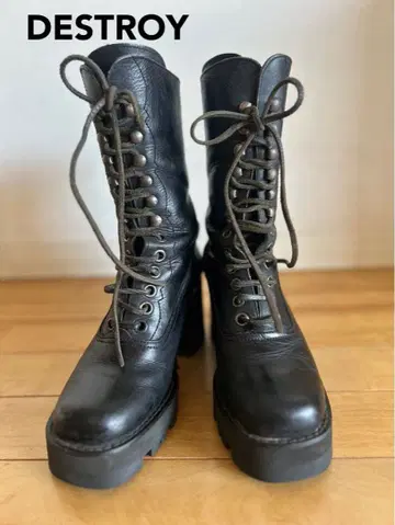 DESTROY 블랙 레이스업 엔지니어 부츠 천연 가죽