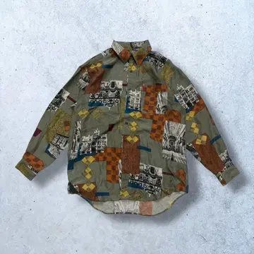 긴팔 프린트 셔츠 올 패턴 올리브 그린 레트로 개성파 vintage