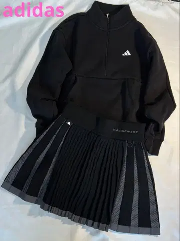새상품 adidas 블랙 하프 지퍼 맨투맨 & 플리츠 스커트 세트