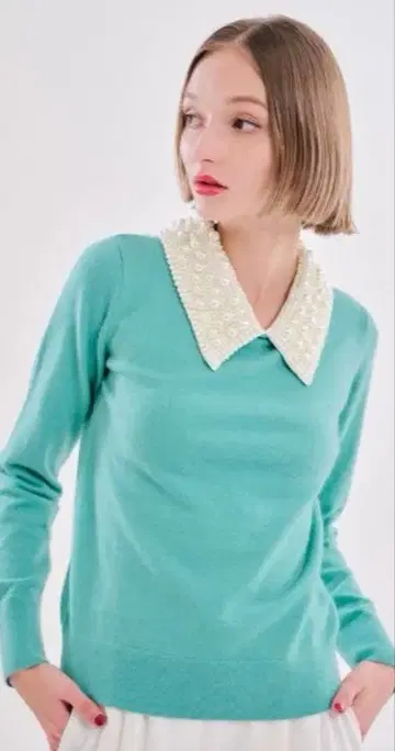 JENNE 럭셔리 펄 탈부착 카라 니트 S 그린