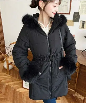 벨트 포함 후드 퍼 다운 코트