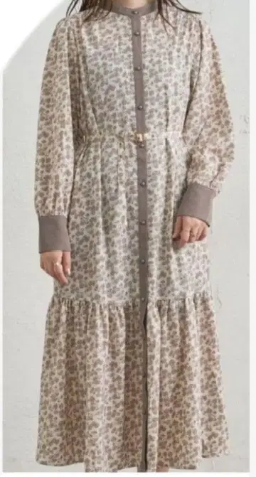 내추럴 꾸뛰르 밑단 절개 밴드 카라 배색 원피스 꽃무늬 긴팔