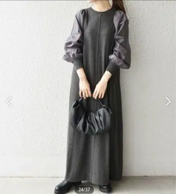 SHIPS 직물 콤비 니트 원피스 이소재 맥시 절개 원피스