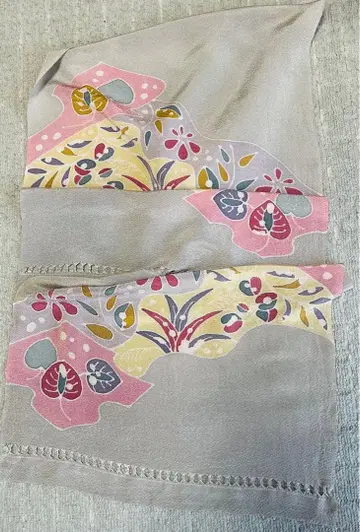 일본 전통 숄 순수 실크 귀주름 하마치리멘 꽃무늬 그레이 기모노 숄