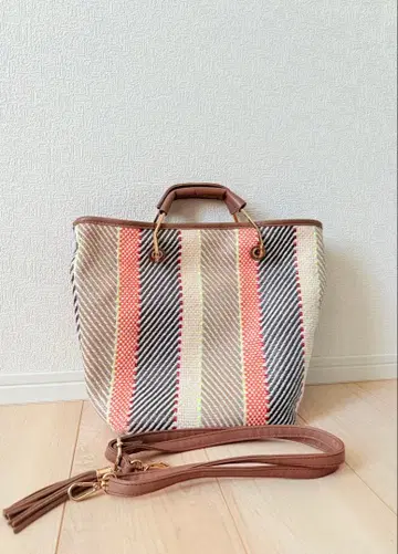 [새상품급] GROVE 스트라이프 디자인 스트랩 포함 토트백 중형