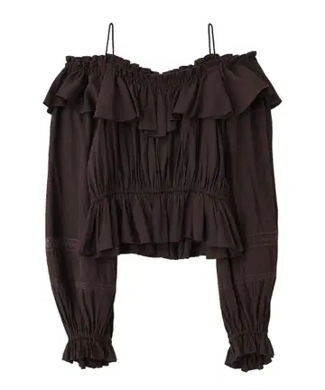 완판 코코딜 택 포함 새상품 오프숄더 프릴 새틴 블라우스 브라운