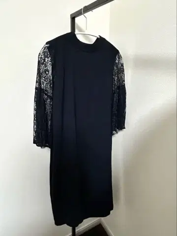 네이비 레이스 긴팔 리본 포함 원피스 9호