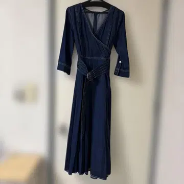 다크 데님 7부 소매 랩 원피스