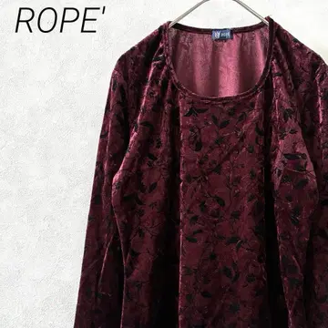 ROPE' 티셔츠 크루넥 7부 소매 벨로아 소재 리프 무늬 올 패턴