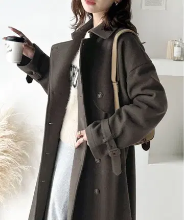 다크 브라운 더블 브레스트 롱 코트