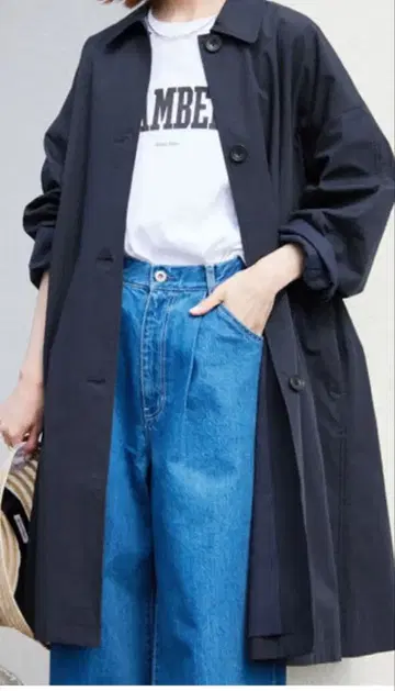 네이비 롱 코트 벌룬 슬리브