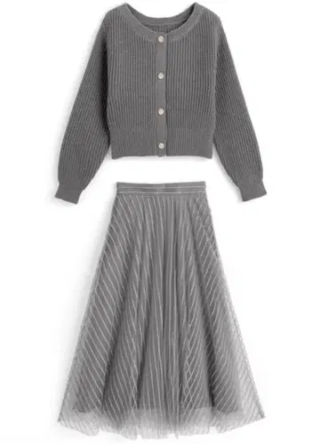 GRL 니트 가디건 x 스트라이프 라메 샤샤 스커트 셋업 dr828