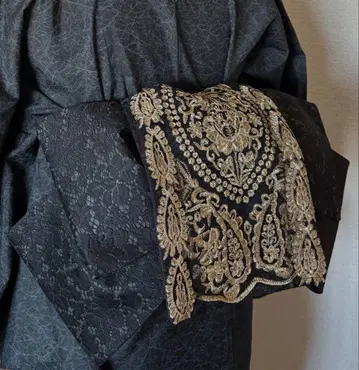 레이스 반폭 오비 골드 라메 자수 모티브