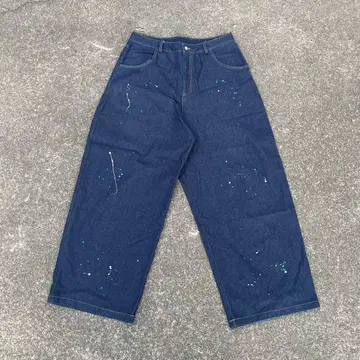 페인트 가공 네이비 벌룬 데님 팬츠 GIDEAL