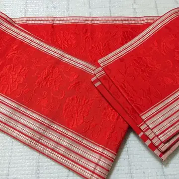 [ 2회 사용 ] [ 반폭 오비 ] 하카타 오리 빨간색 꽃무늬