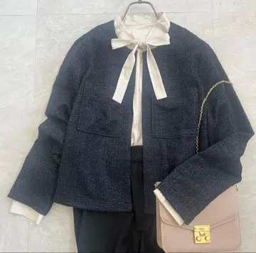 새상품급 노리즈 노카라 자켓 라메 트위드 네이비 최근 세탁 가능