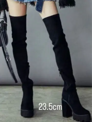 EMODA 블랙 스웨이드 통굽 니하이 부츠 23.5cm