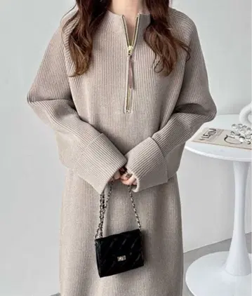 베이지 리브 롱 원피스 지퍼 포함